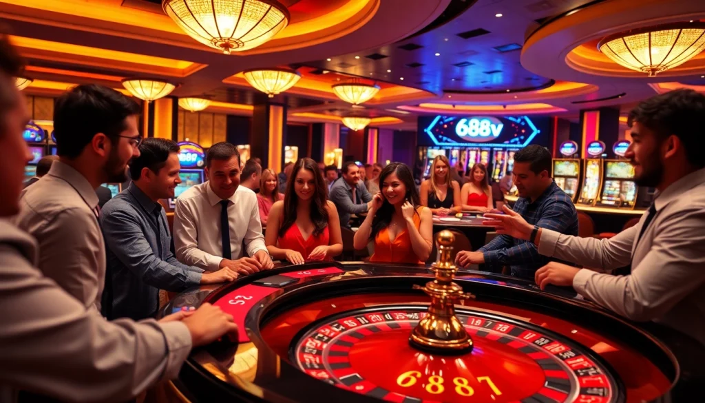 688v casino players enjoying thrilling roulette and slot machines.