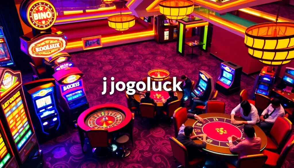 Experience the thrill of jogoluck gaming at a bustling casino with vibrant slot machines and intense poker games.