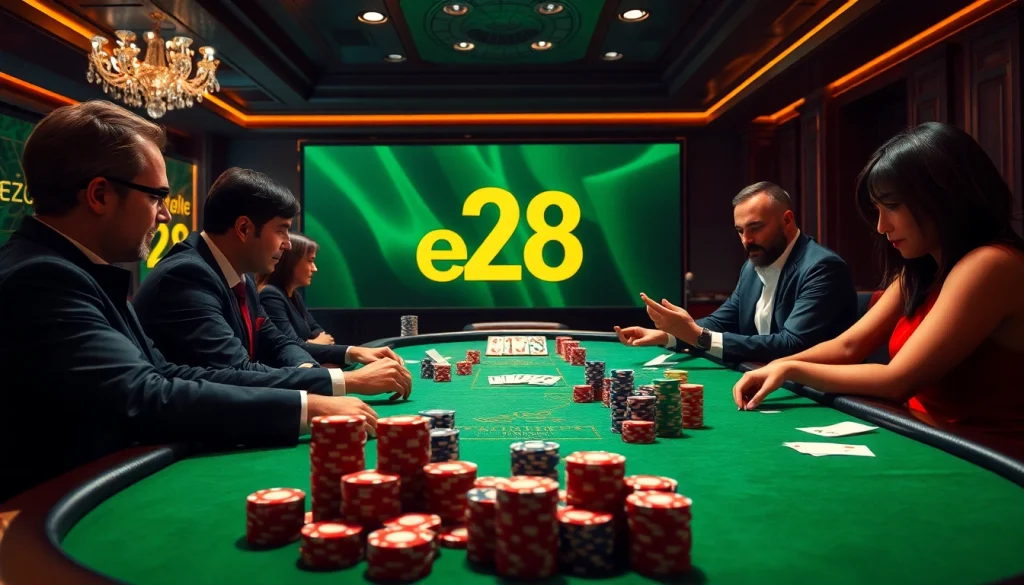 Players enjoying an exclusive e28-themed poker night at a luxurious casino, focused on high stakes and excitement.