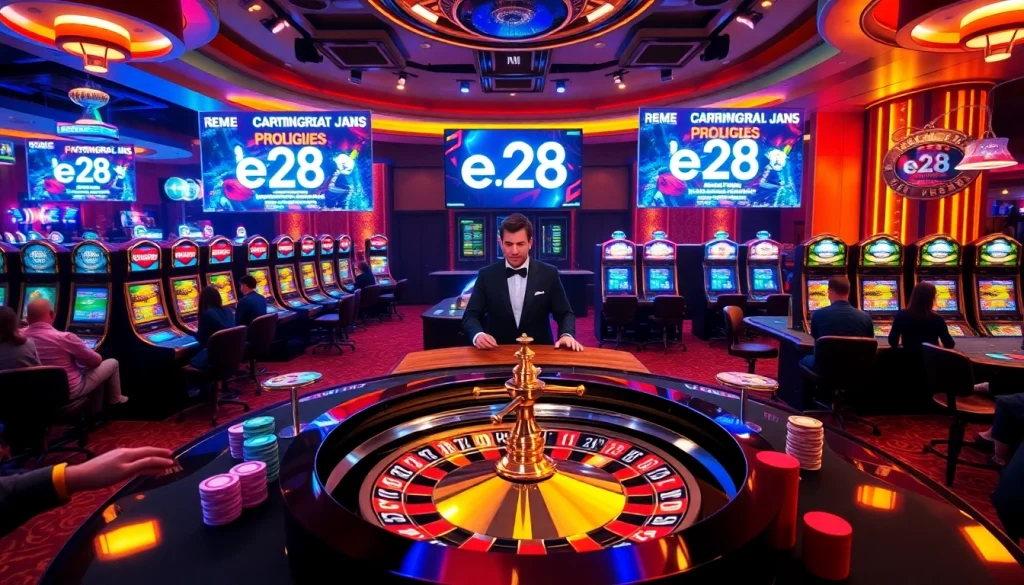 Experience the thrill of the e28 casino with vibrant slot machines and an engaging roulette wheel.