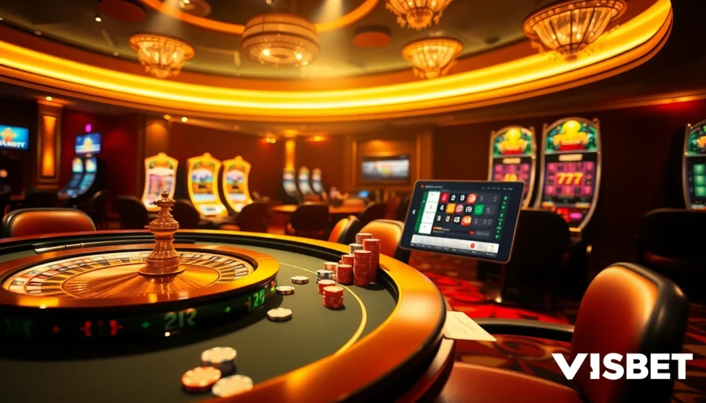 Exciting moment at Nhà cái VSBET with poker chips and roulette wheel in a luxurious casino setting.