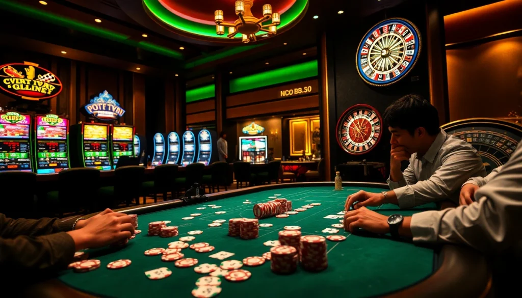 Experience kèo nhà cái excitement with intense poker and vibrant slot machines in a luxurious casino.