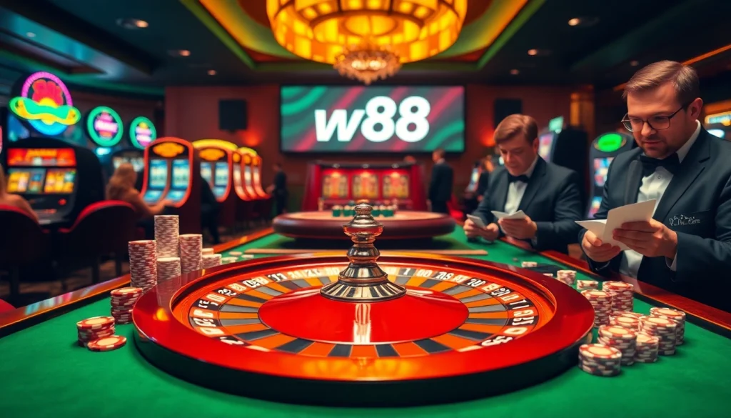 Exciting scene of the W88 casino with players at roulette, blackjack, and engaging slot machines.