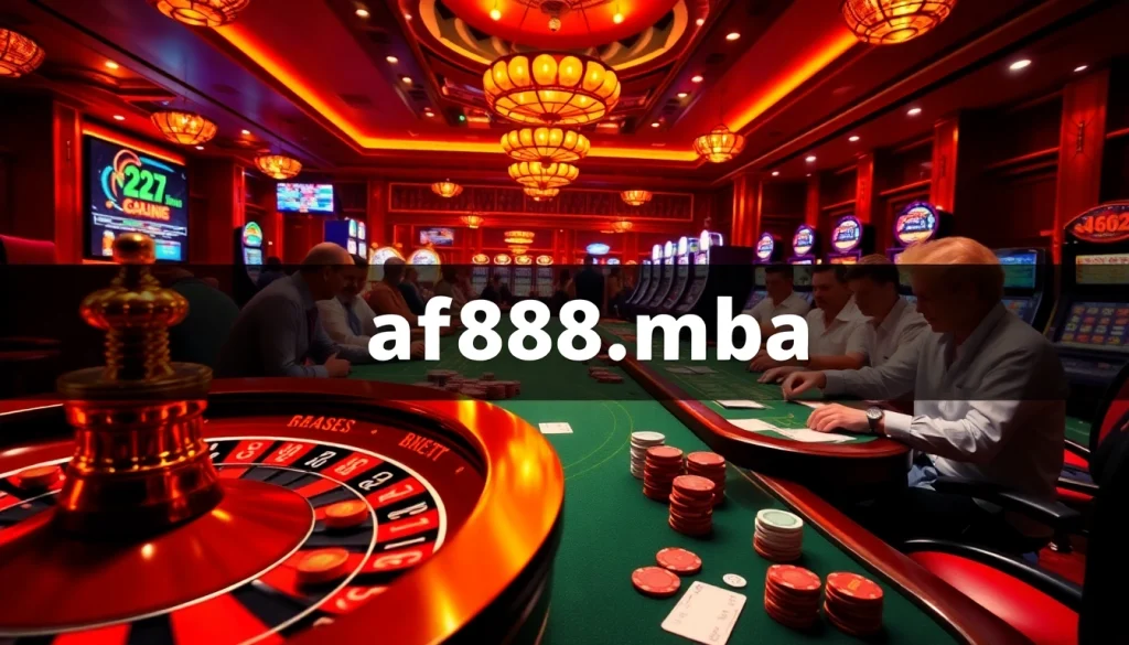 Players enjoying high-stakes poker and slots at https://af88.mba/ casino, surrounded by colorful tables and lights.