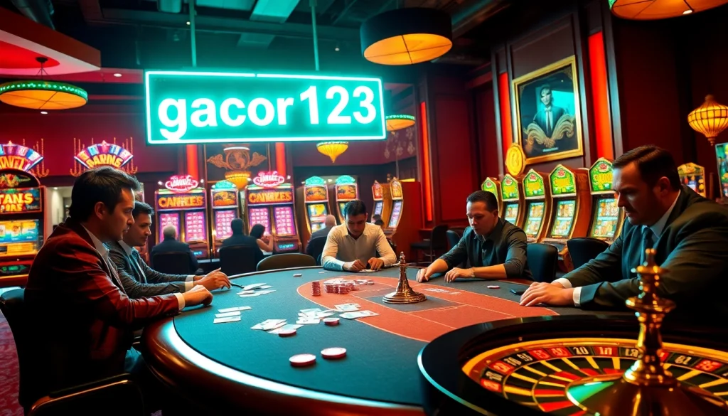 Experience the thrill of gacor123 at a glamorous poker table with players immersed in the game.